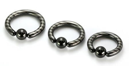 8g Black Titanium-Coated Stainless Steel Captive Ring With Stripes