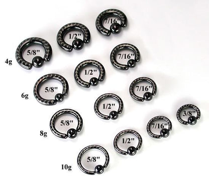 10g-4g Black Titanium-Coated Stainless Steel Captive Ring with Arrows - Size Chart