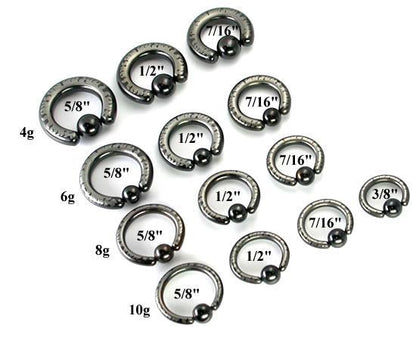 10g-4g Black Titanium-Coated Stainless Steel Captive Ring With Flames - Size Chart