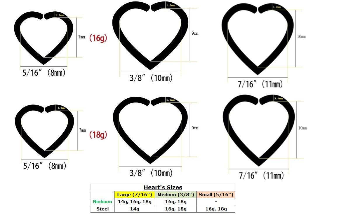 16g Annealed Stainless Steel Heart - Size Chart