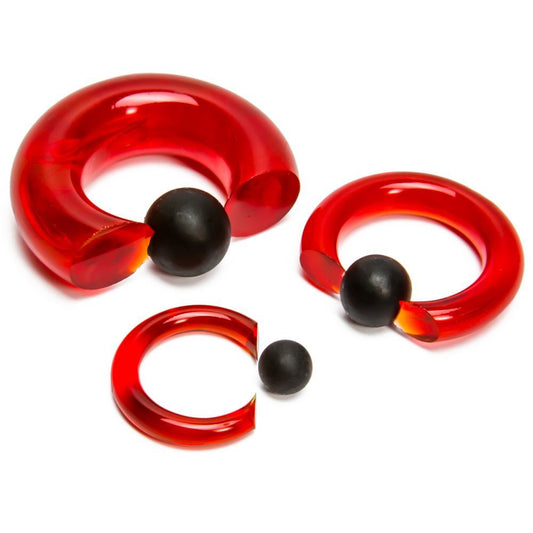 8g-00g Red Vampire End Glass Captive Bead Ring with Black Silicone Ball