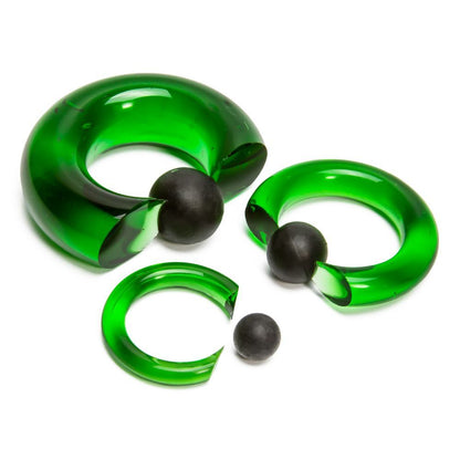 8g-00g Green Vampire End Glass Captive Bead Ring with Black Silicone Ball - Monster Steel