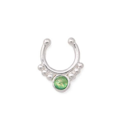 Silver Plated Clip-On Septum Ring with Green Opal — Price Per 1 - Monster Steel