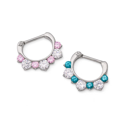 16g Steel Septum Clicker with Three Crystals and Four Colored Jewels — Price Per 1 - Monster Steel