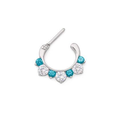 16g Steel Septum Clicker with Three Crystals and Four Colored Jewels — Pink and Blue