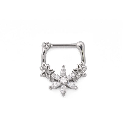 16g Steel Septum Clicker with Crystal-Petaled Trinity Flower Design — Price Per 1 - Monster Steel