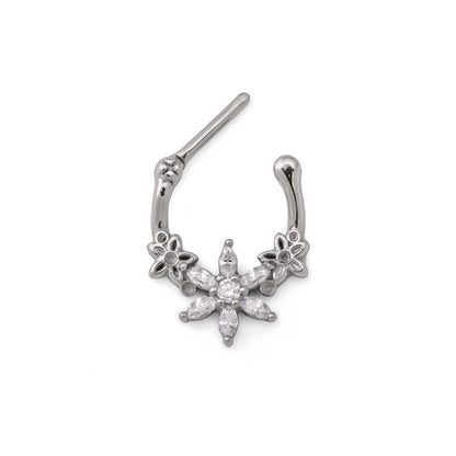 16g Steel Septum Clicker with Crystal-Petaled Trinity Flower Design
