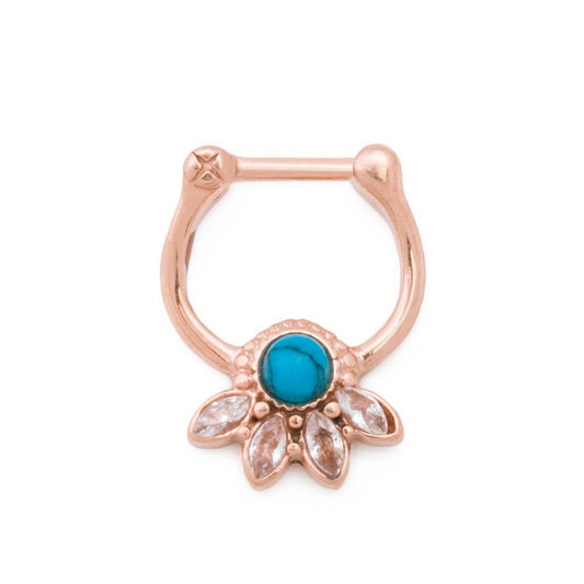 16g Turquoise Jeweled Lotus PVD Rose Gold Septum Clicker - Monster Steel