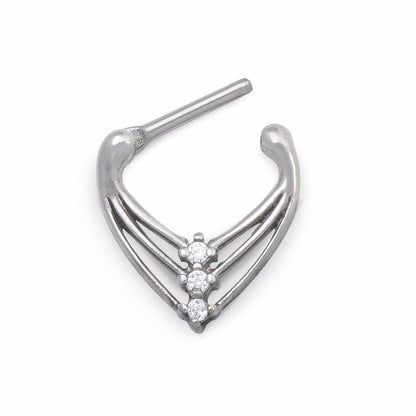 16g Aligned Crystal Trio V-Shaped Steel Septum Clicker — Open Clicker Mechanism
