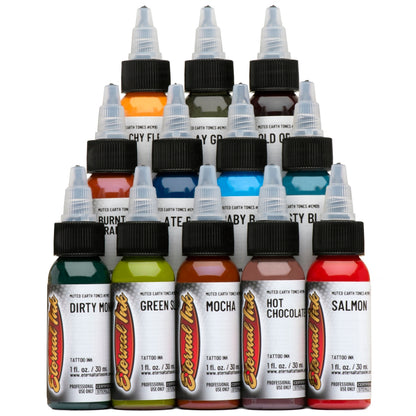Eternal Tattoo Ink - Muted Earth Tone Color Set of 12 - 1oz Bottles - Monster Steel