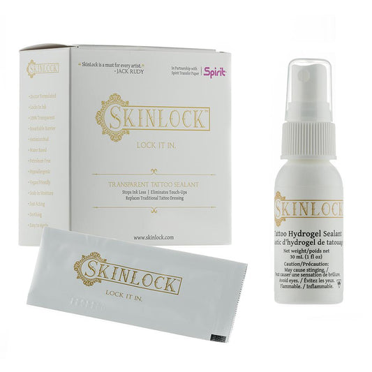 SkinLock Liquid Transparent Protective Tattoo Sealant 24ct Packs and 1oz Spray Bottle