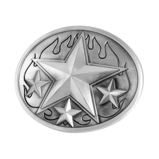 Rounded Antiqued Silver Nautical Stars & Flames Belt Buckle