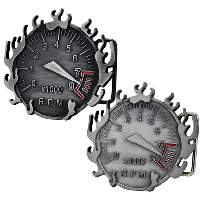 Men's Flaming RPM Redline Gauge x100 Fast Cars Belt Buckle - Monster Steel