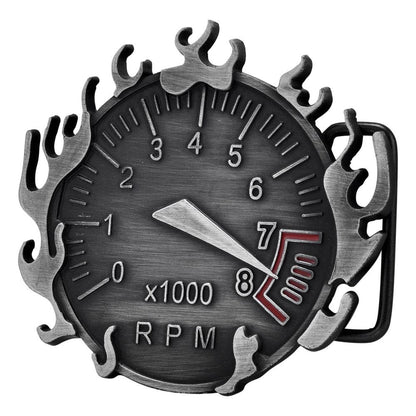 Men's Flaming RPM Redline Gauge x100 Fast Cars Belt Buckle - Monster Steel