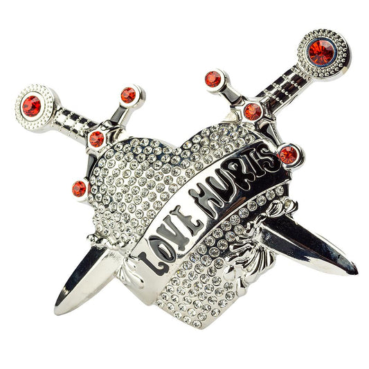 Single | Buckle Rage | Belt Buckle | Heart Daggers "Love Hurts" with Rhinestones | Silver/Clear/Red | 4.75" L x 4.00" H