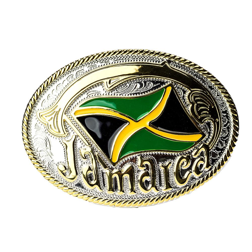 Single | Generic | Bet Buckle | Oval Flag Jamaican "Jamaica" | Gold/Siver | 4.50" L x 3.25" H