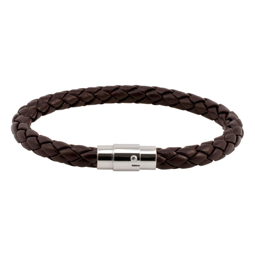 Brown Braided Leather Bracelet with Stainless Steel Clasp