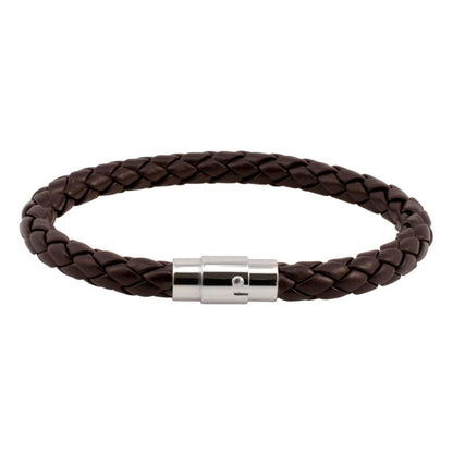 Brown Braided Leather Bracelet with Stainless Steel Clasp