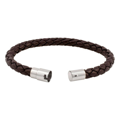 Brown Braided Leather Bracelet with Stainless Steel Clasp