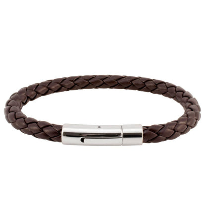 Brown Braided Leather Bracelet with Fancy Stainless Steel Clasp