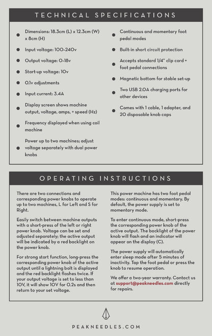 Peak Lazur Tattoo Power Supply Insert Back