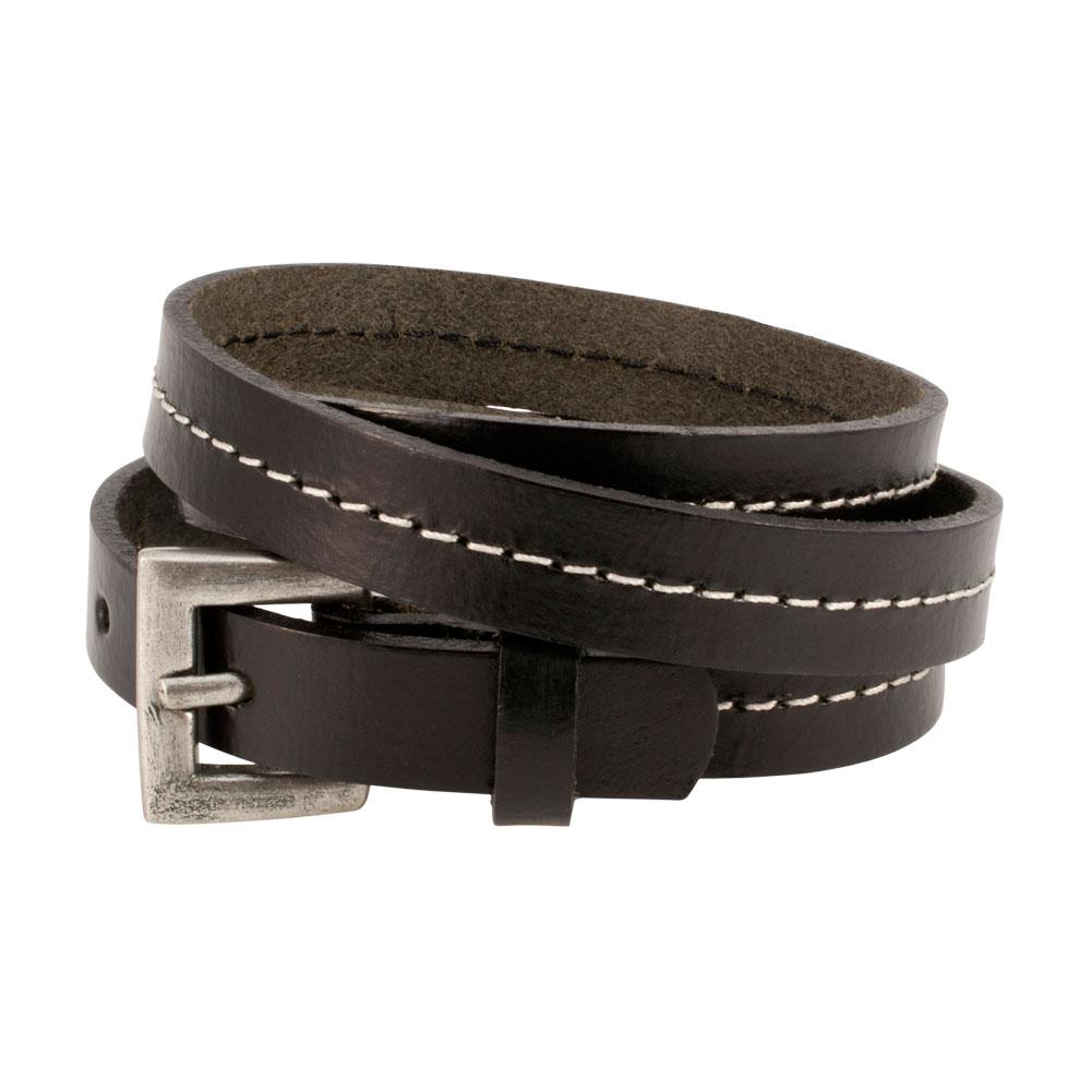 Black Triple Wrap Belt Buckle Stitched Leather Bracelet
