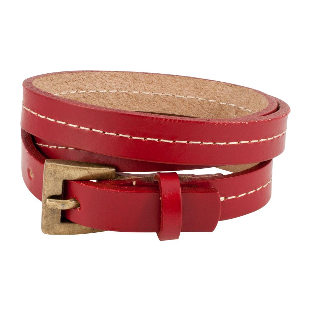 Red Triple Wrap Belt Buckle Stitched Leather Bracelet
