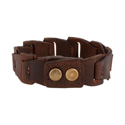 Brown Smooth Leather Link Double Snap Bracelet - Monster Steel