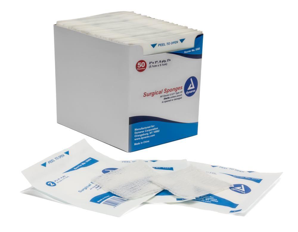 Dynarex 8 ply 2's Sterile Gauze, 2" x 2" - Box of 50