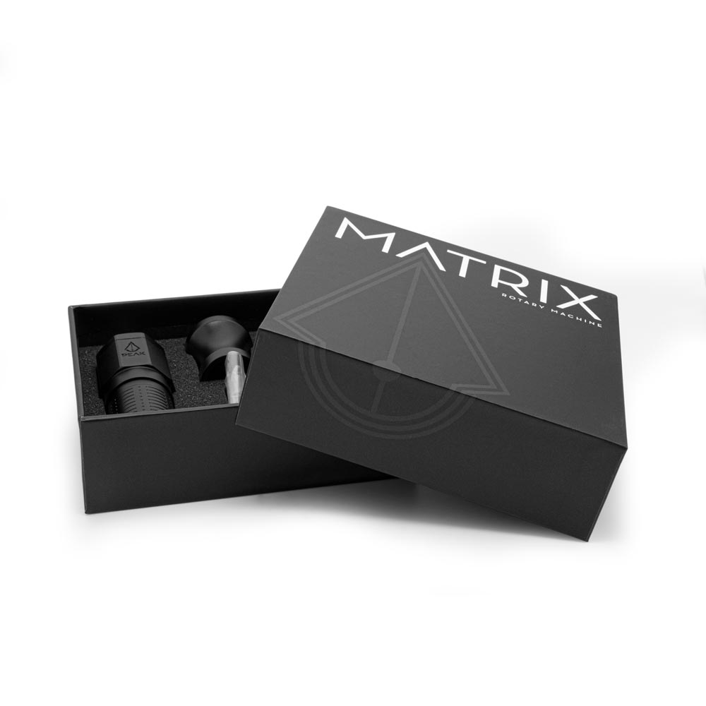 Peak Matrix Pen Rotary Tattoo Machine — Black — Packaging and Parts
