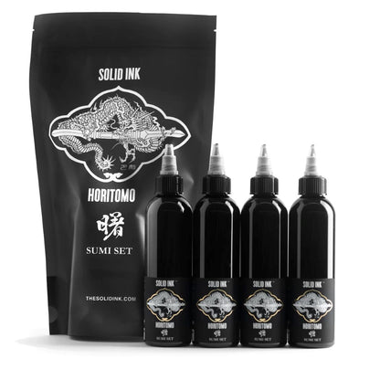 Horitomo 4 Bottle Sumi Set - Solid Ink - 4oz Bottles - Monster Steel
