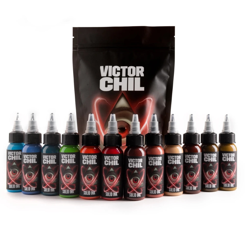 Victor Chil 12 Color Set — Solid Ink — 1oz Bottles (wide shot of bottles in front of bag)